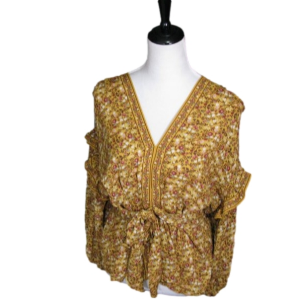 MAX Studio Boho Mustard Yellow V-Neck Pull-Over Floral Blouse Size Large